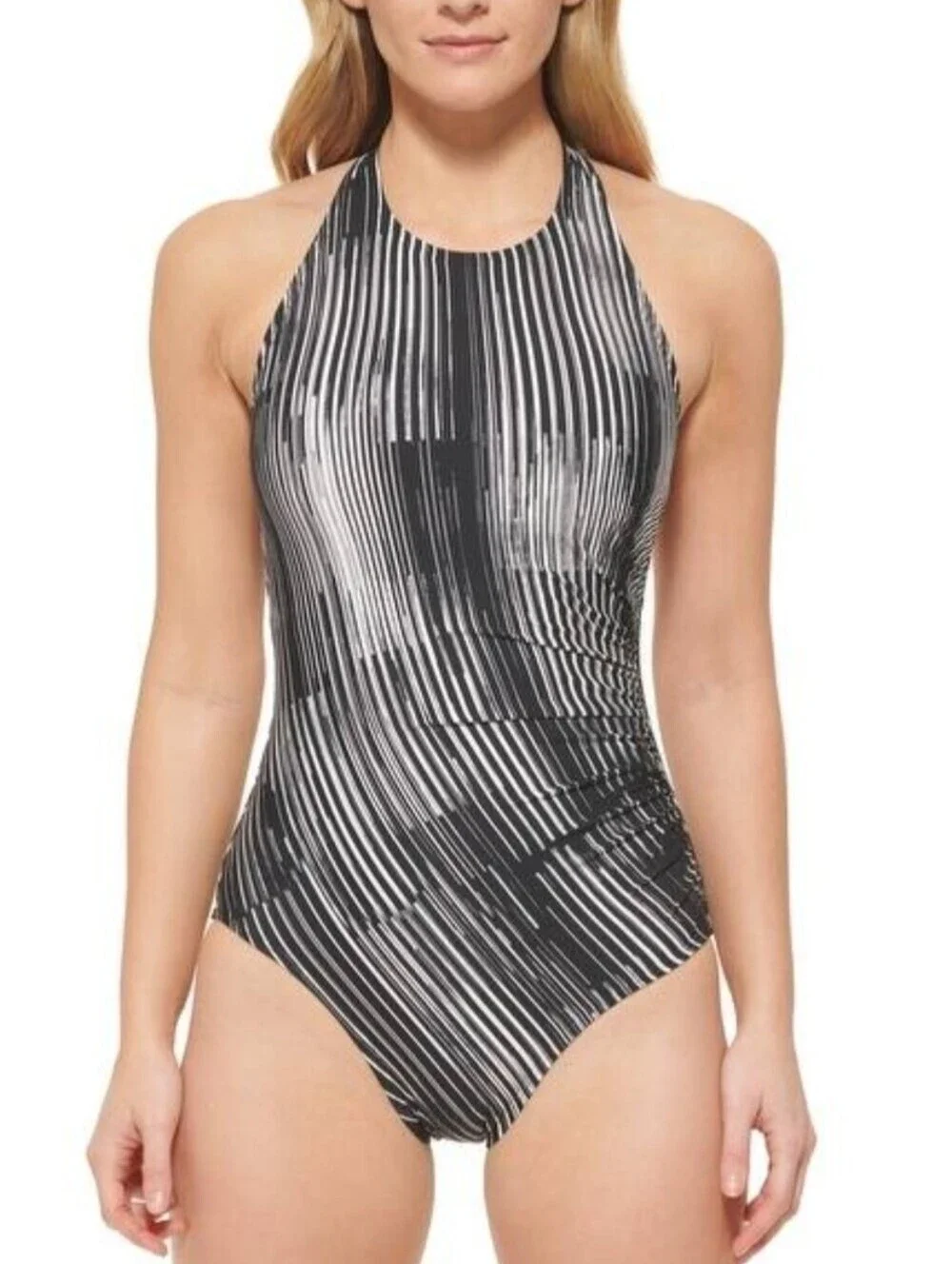 Calvin Klein Black & White Striped High-Neck One-Piece Swimsuit